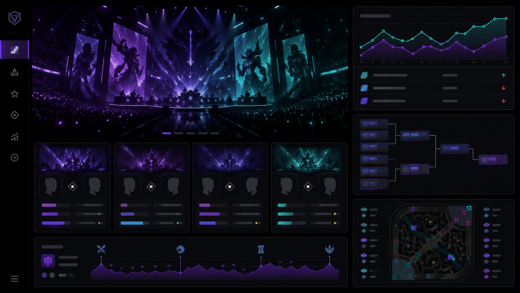 Dark League of Legends esports news dashboard with an arena stage, odds chart, bracket, and match cards