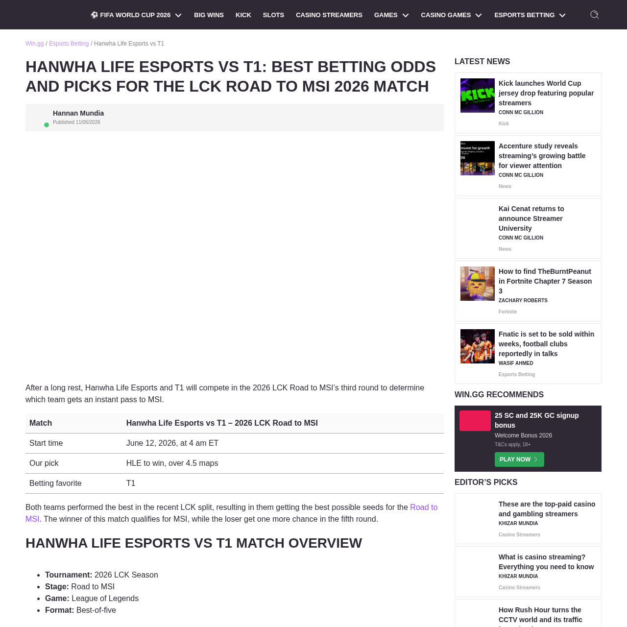 WIN.gg Hanwha Life Esports vs T1 Road to MSI betting preview screenshot