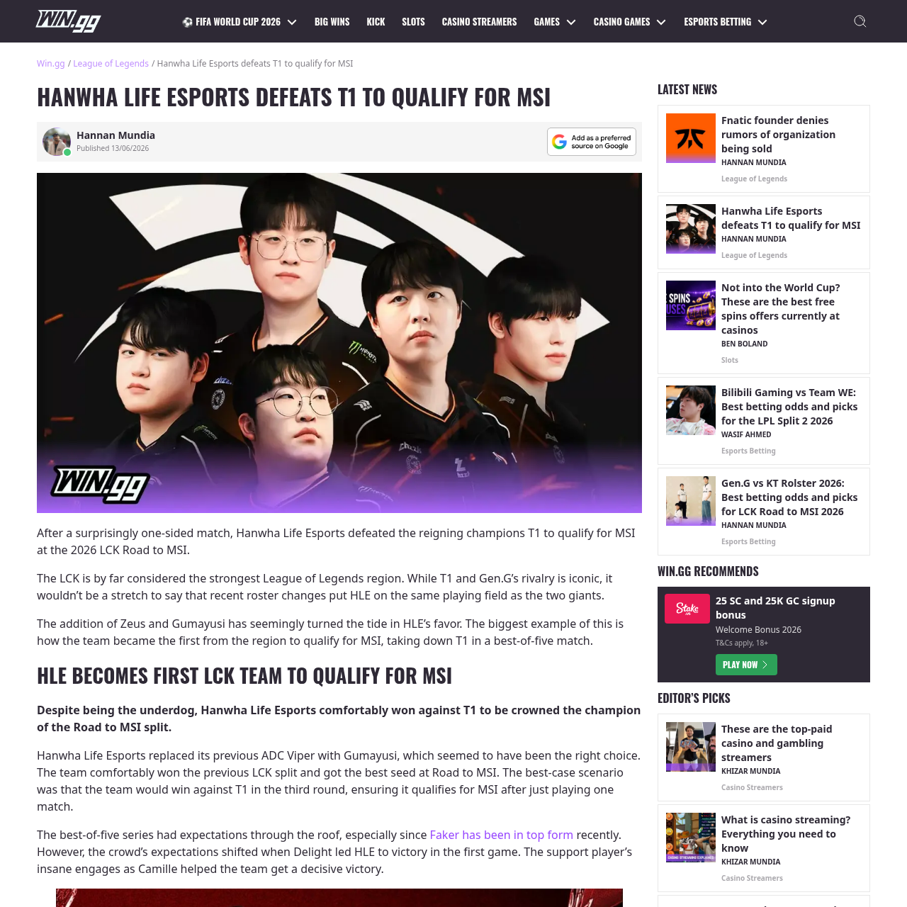WIN.gg article showing Hanwha Life Esports defeats T1 to qualify for MSI