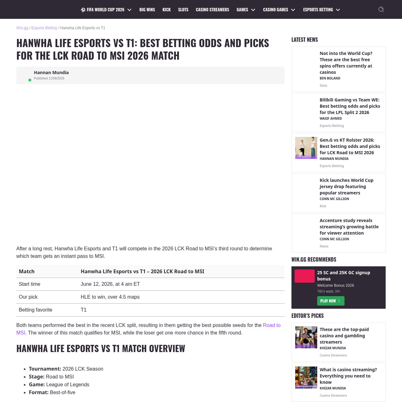 WIN.gg HLE vs T1 betting preview showing T1 favorite and HLE pick table