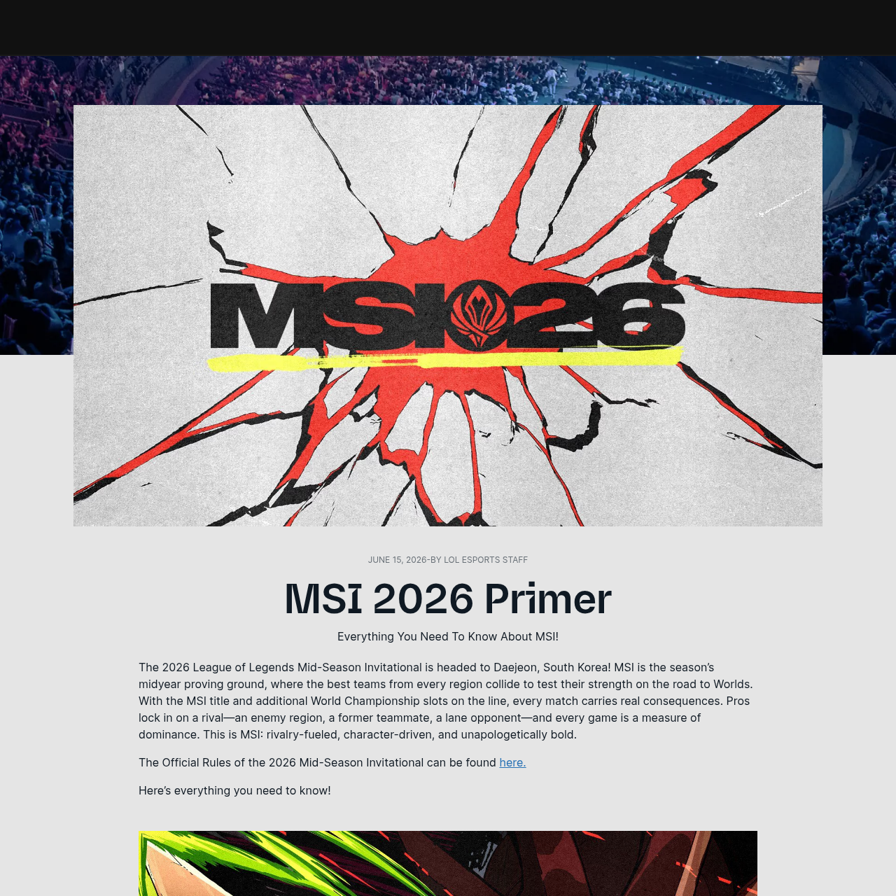 Official LoL Esports MSI 2026 Primer page showing tournament context and Pick'Ems timing