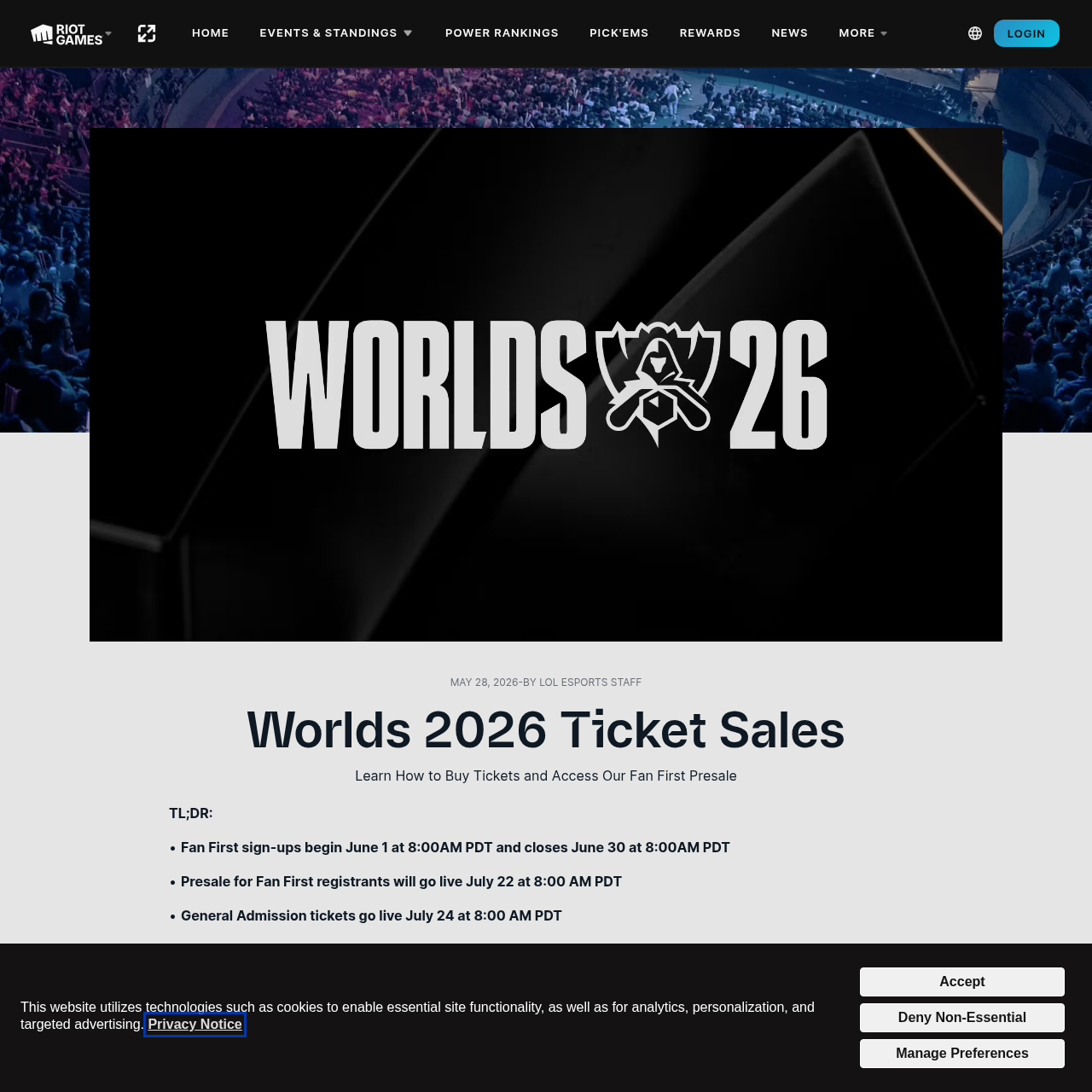 Official LoL Esports Worlds 2026 Ticket Sales page showing Fan First and sale timing