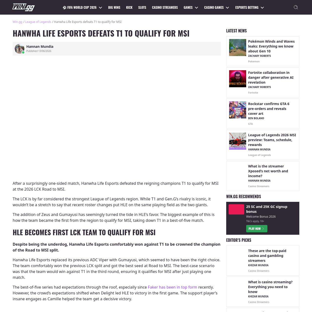 WIN.gg article showing Hanwha Life Esports defeated T1 to qualify for MSI