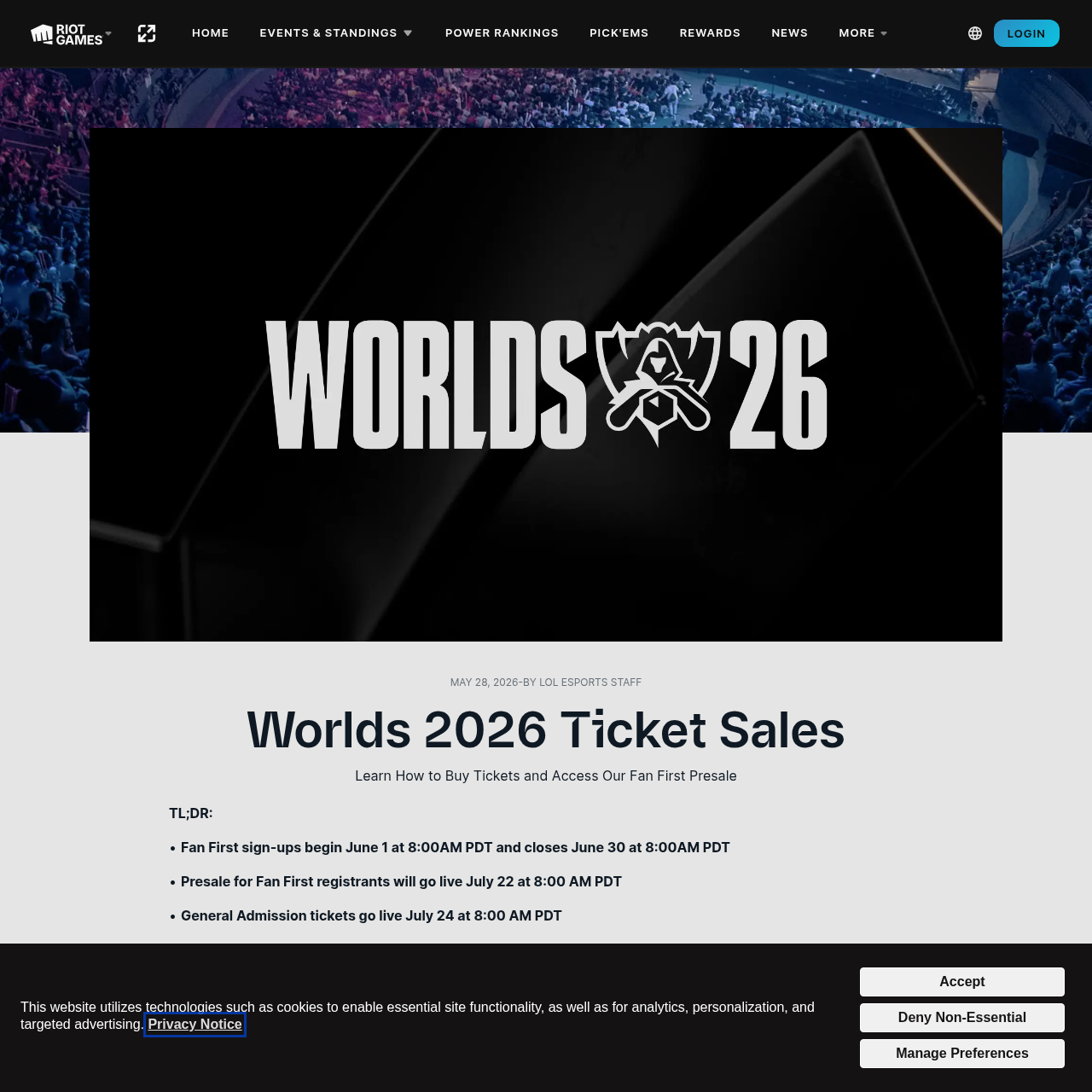 Official LoL Esports Worlds 2026 Ticket Sales page showing Fan First and general sale timing