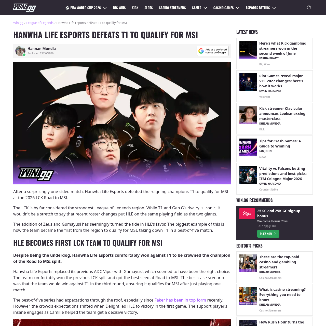 WIN.gg article showing Hanwha Life Esports defeated T1 to qualify for MSI