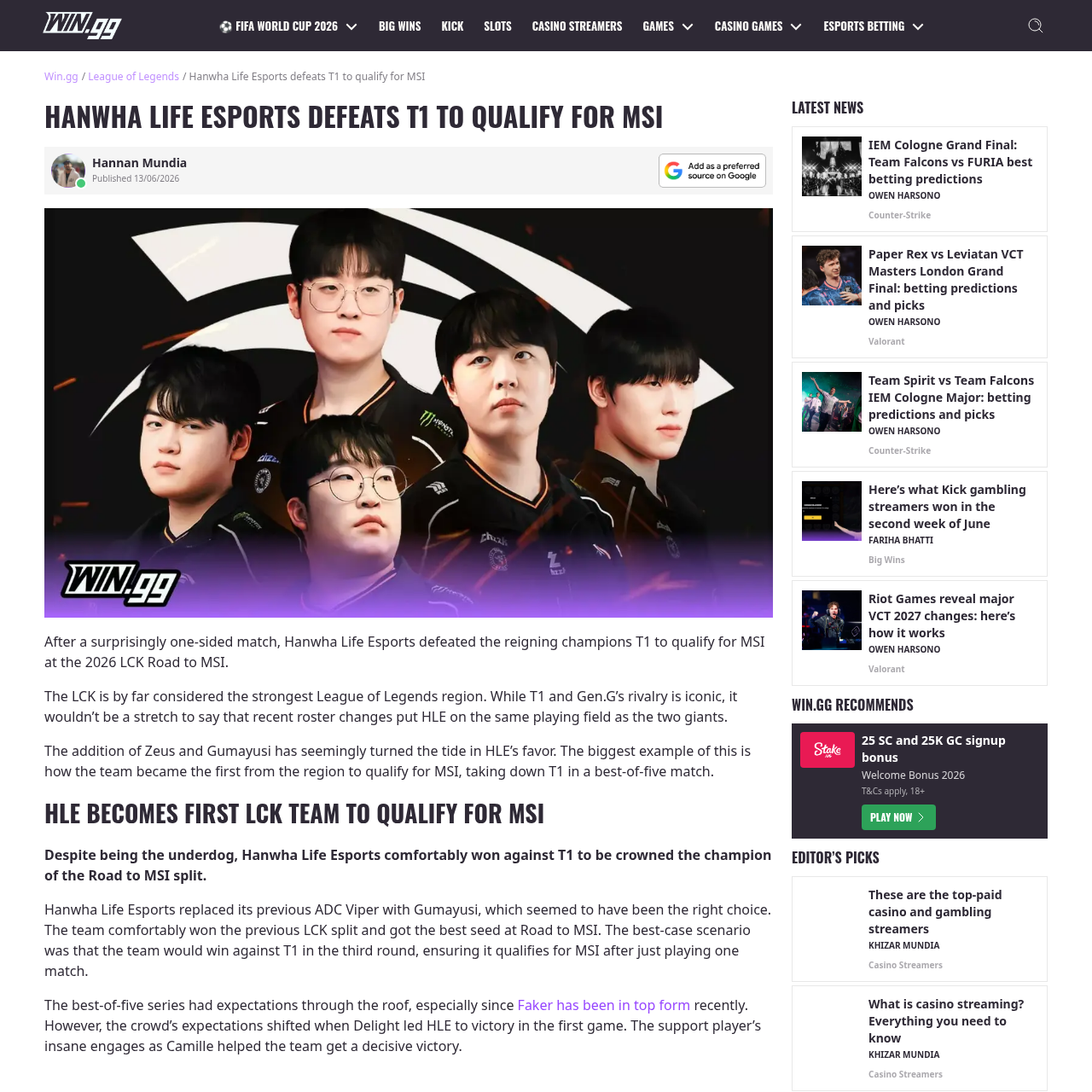 WIN.gg article showing Hanwha Life Esports defeated T1 to qualify for MSI