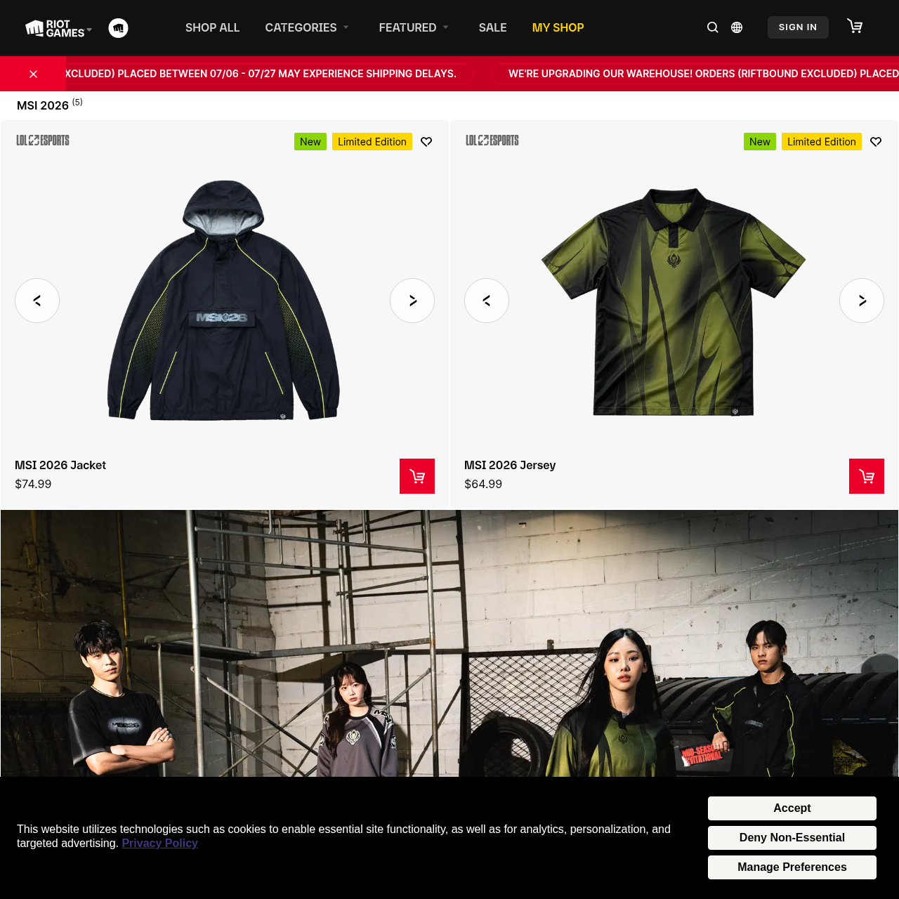 Riot Games Store MSI 2026 collection page showing event merchandise