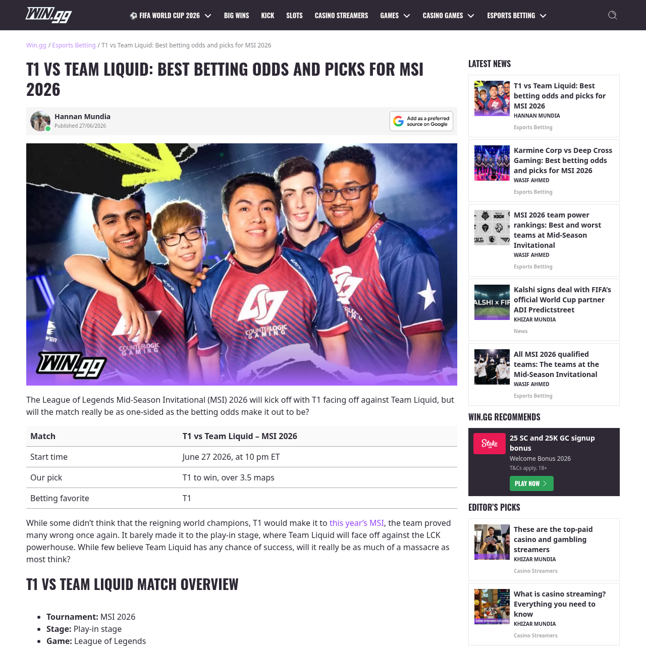 WIN.gg T1 vs Team Liquid MSI 2026 betting preview page