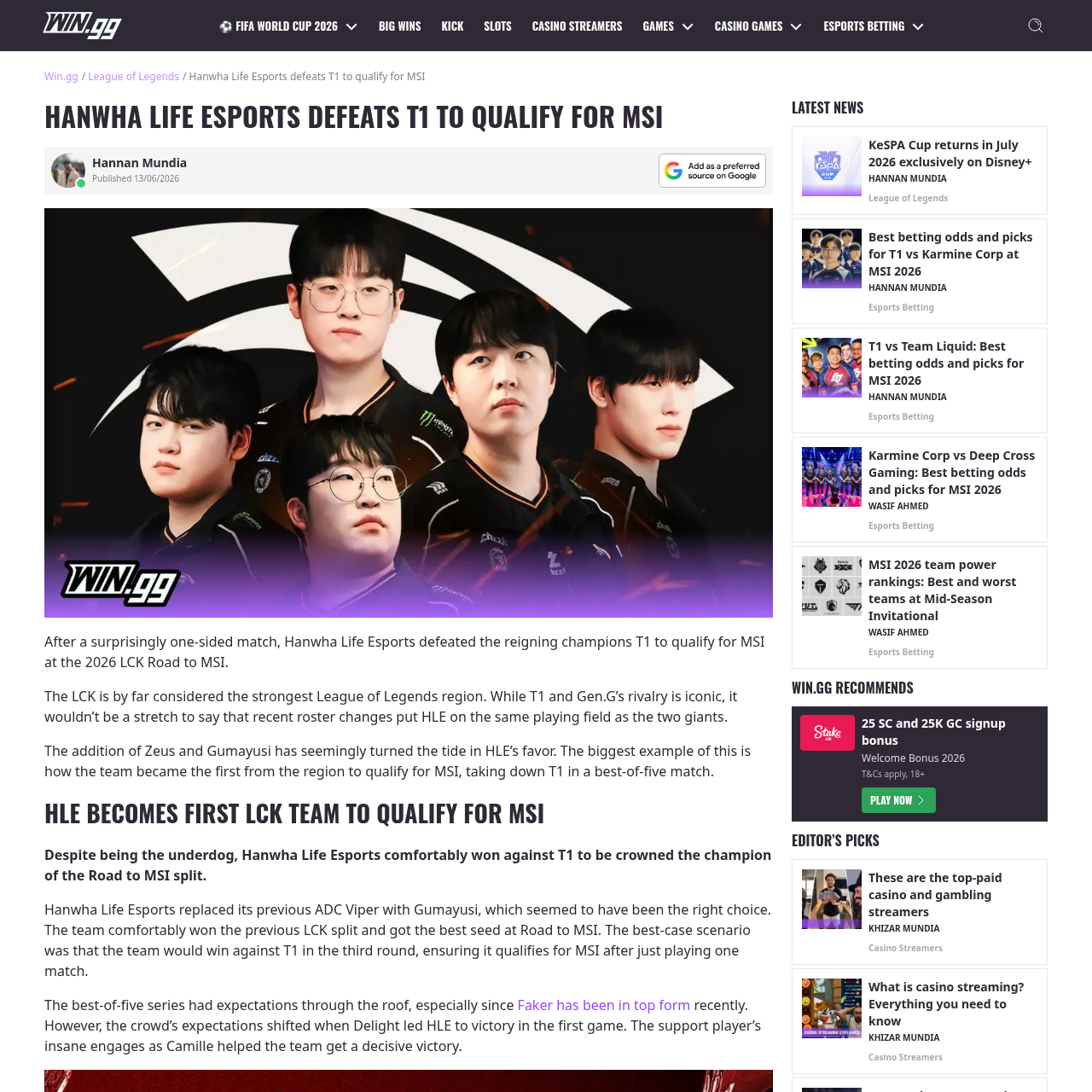 WIN.gg Hanwha Life Esports defeats T1 to qualify for MSI article page