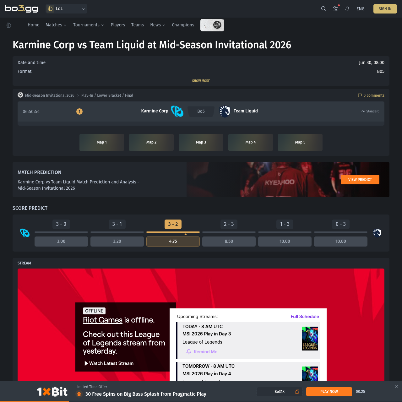 Bo3.gg Karmine Corp versus Team Liquid match page showing date, format, prediction panel, and no comments