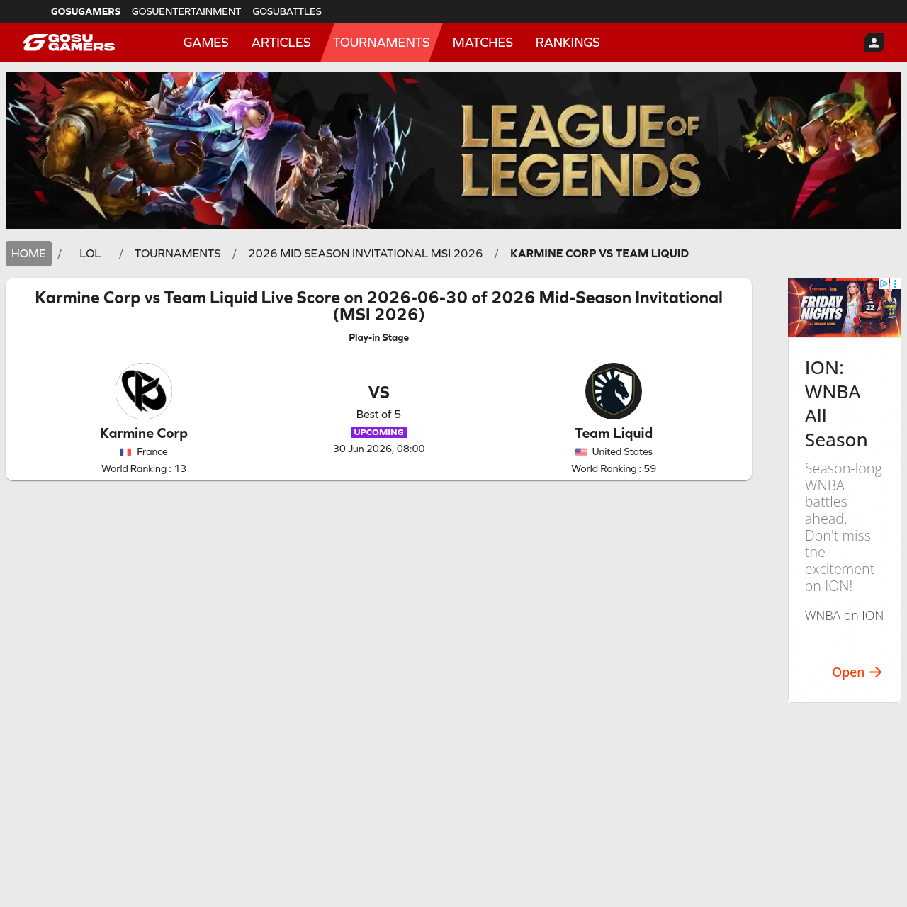 GosuGamers Karmine Corp versus Team Liquid match page showing June 30 date, 08:00 time, and best-of-five format