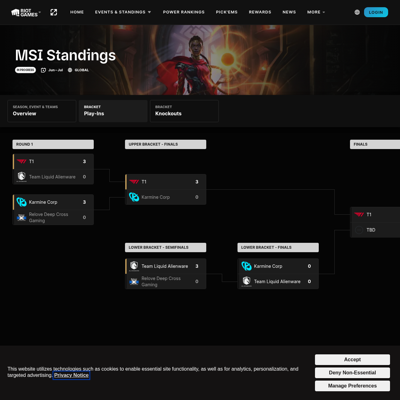 Official LoL Esports MSI Play-Ins bracket showing Karmine Corp versus Team Liquid in the lower final