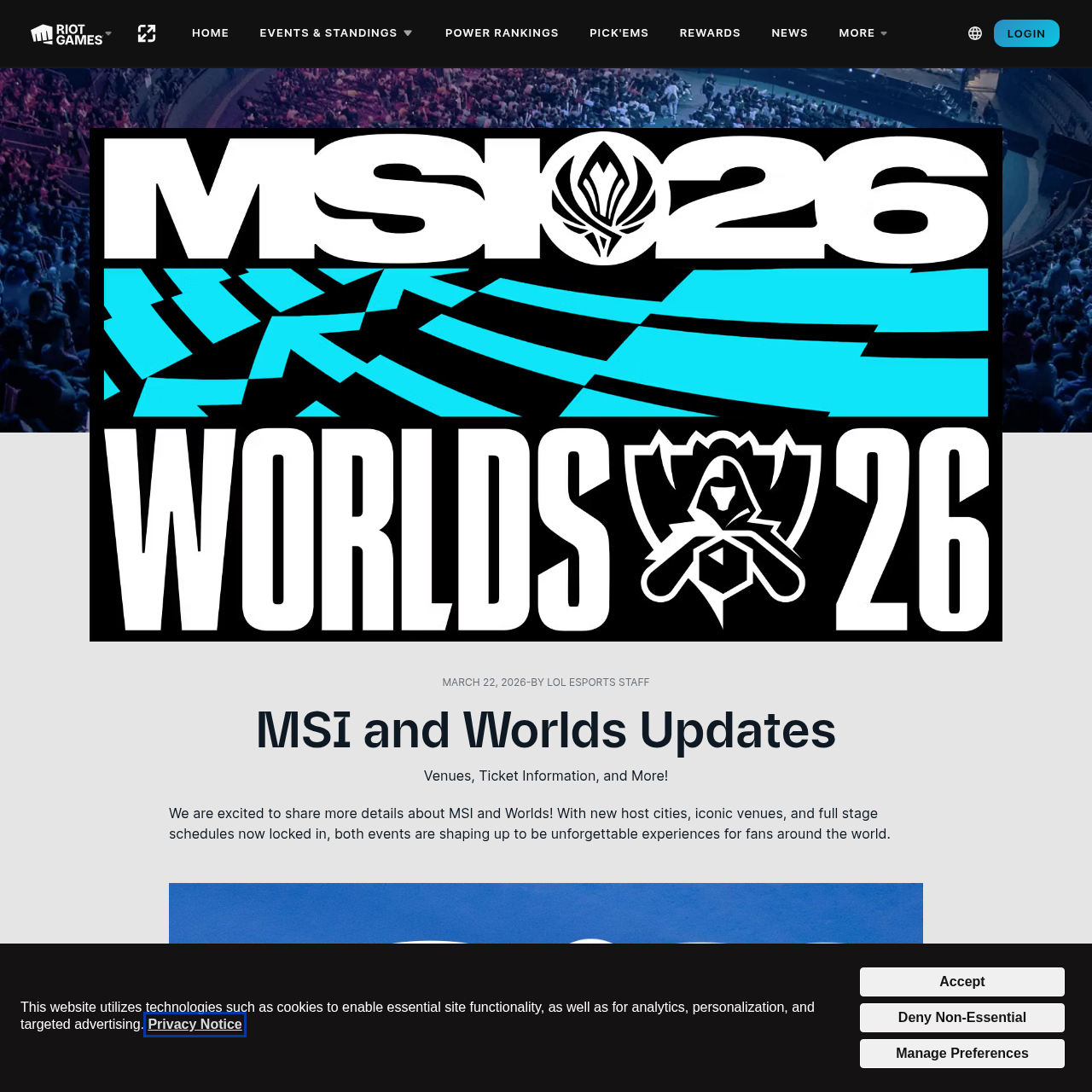 Official LoL Esports MSI and Worlds Updates page showing MSI 2026 and Worlds 2026 tournament information