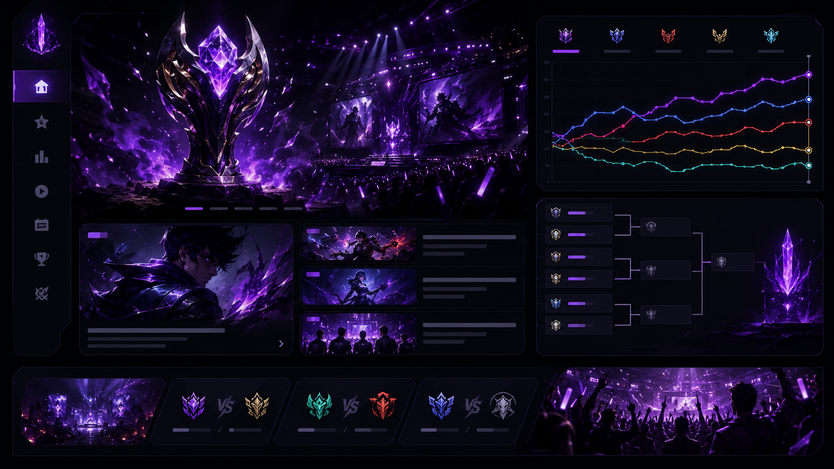 Dark League of Legends MSI playoff odds dashboard with purple arena lights, bracket panels, match cards, and market movement charts