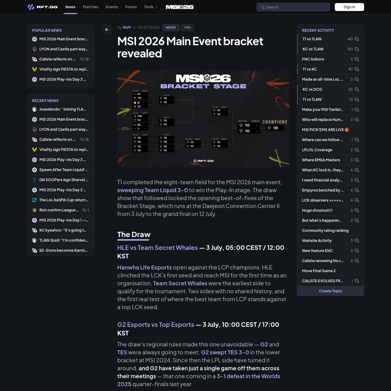 RFT.GG MSI 2026 Main Event bracket article showing HLE vs Team Secret Whales, G2 vs Top Esports, and BLG vs T1 draw context