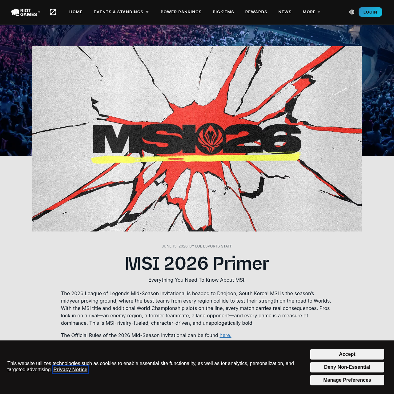 Official LoL Esports MSI 2026 Primer page showing the tournament overview, dates, and Daejeon event context