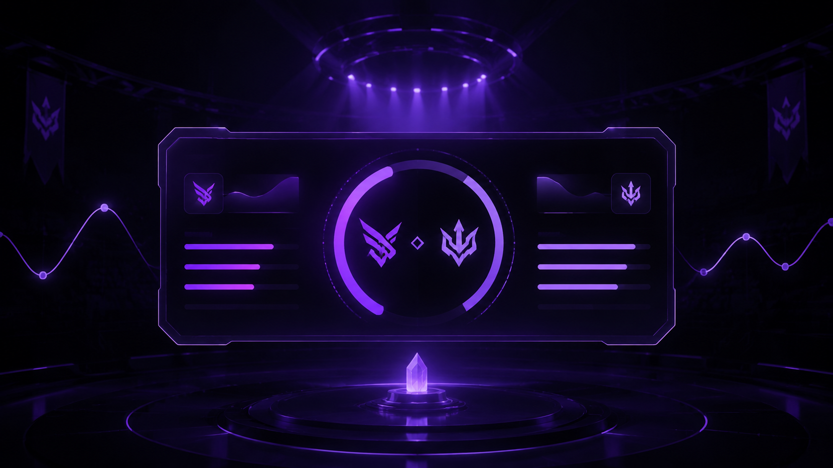 A League of Legends esports stage with a Polymarket prediction-market price chart overlaid in purple