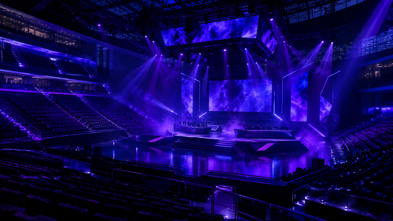 An empty League of Legends championship stage lit in violet and indigo, tiered seating in darkness, the kind of arena the LCK's four Worlds 2026 seeds are heading to in October