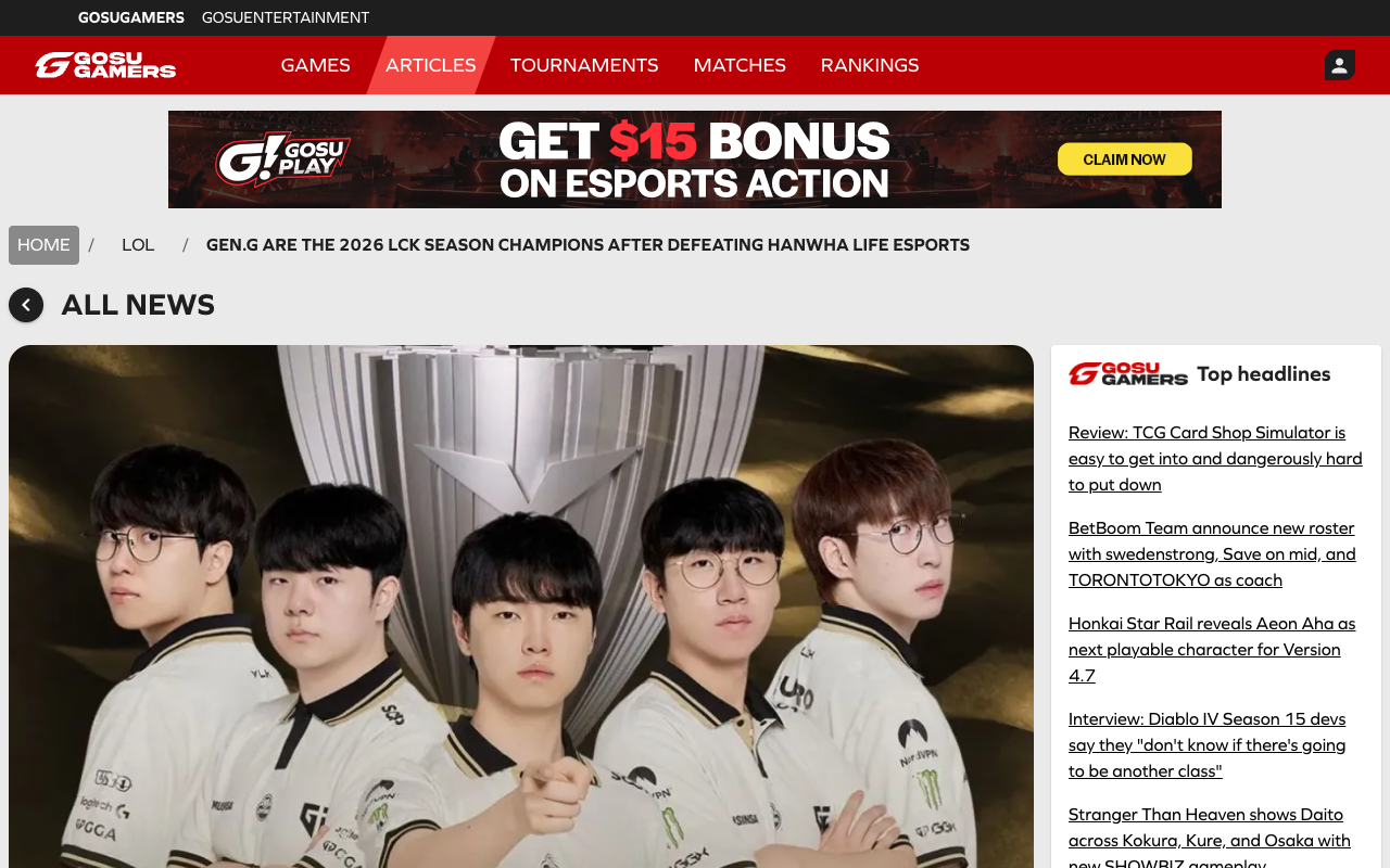 The GosuGamers report of the 2026 LCK grand final, headlined Gen.G are the 2026 LCK Season Champions after defeating Hanwha Life Esports, the source for the 13 September result and the first and second seeds