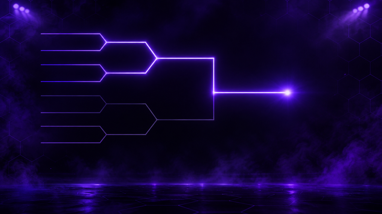 A stylised single-elimination bracket drawn in glowing violet lines on a deep purple-black arena background, two upper paths lit solid and one lower path left dim and unresolved, converging on a single bright node at the right