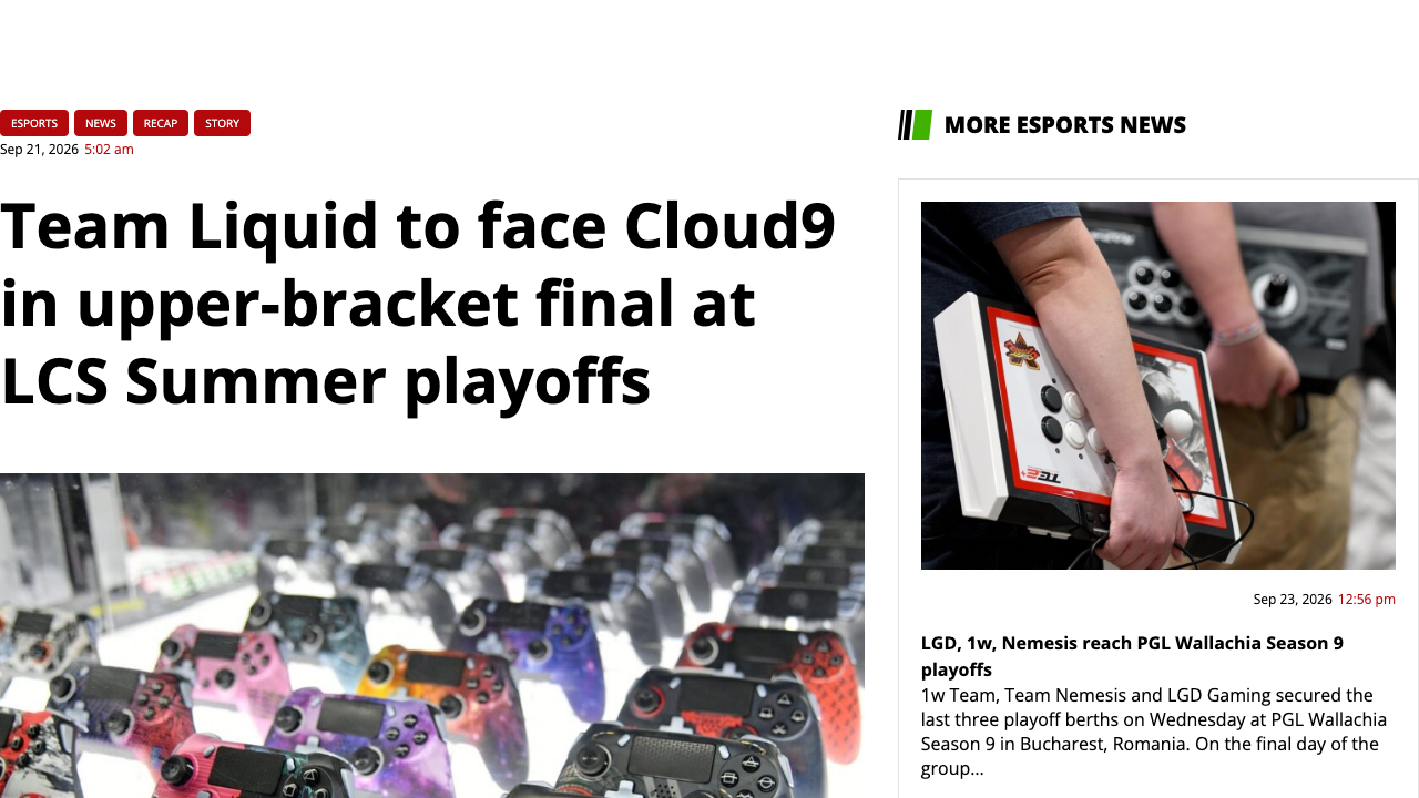 Field Level Media esports report dated Sep 21 2026 headlined Team Liquid to face Cloud9 in upper-bracket final at LCS Summer playoffs, the independent match report the bracket reconstruction is checked against