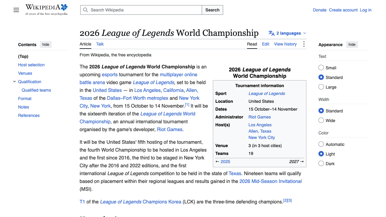 The Wikipedia entry for the 2026 League of Legends World Championship showing its infobox: dates 15 October to 14 November, hosts Los Angeles, Allen in Texas and New York City, three venues across three host cities, and 19 teams