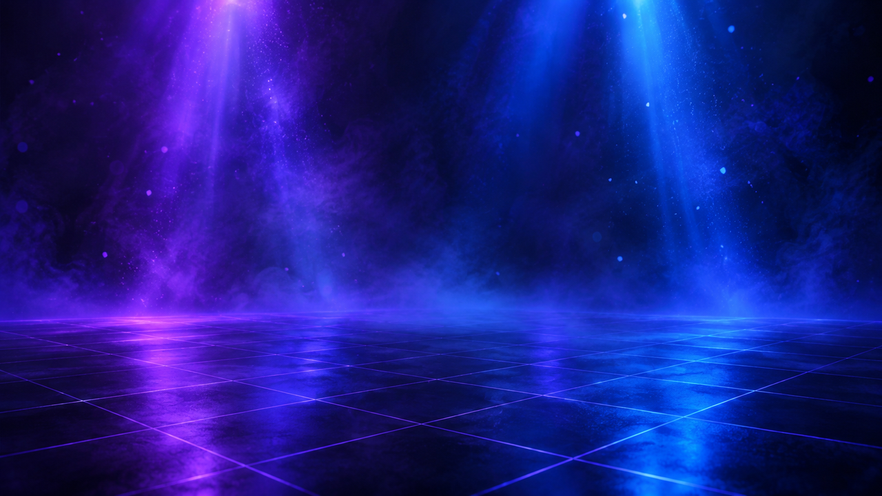 Abstract violet and electric-blue stage lighting falling through haze onto a dark reflective grid floor, with no text, chart or scoreboard