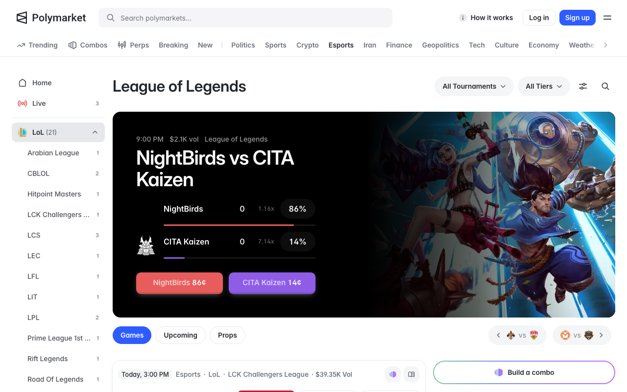 The Polymarket League of Legends odds and prediction markets page listing the open esports contracts