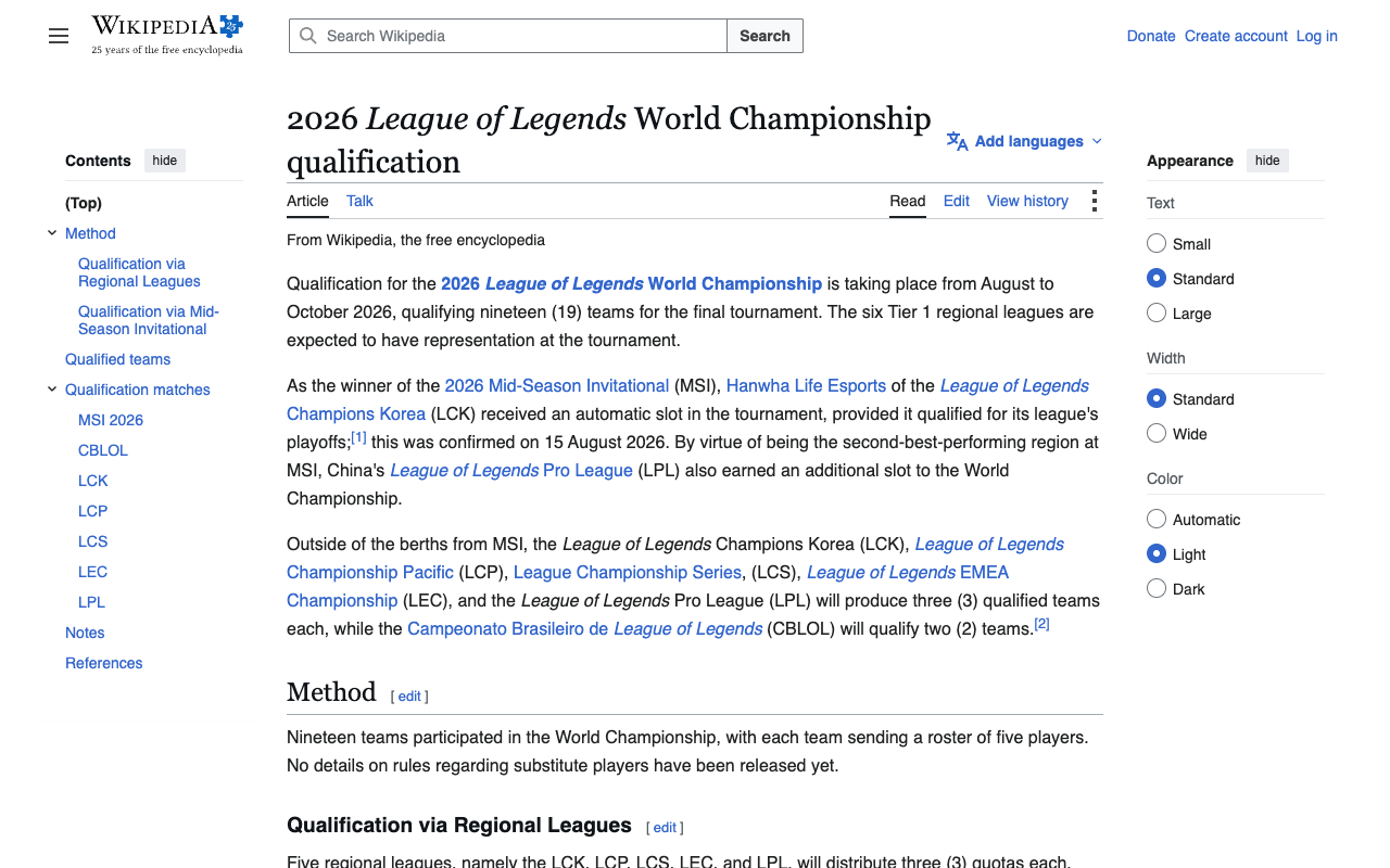 The Wikipedia article on 2026 League of Legends World Championship qualification, the source for the regional slot allocation and the LPL bracket