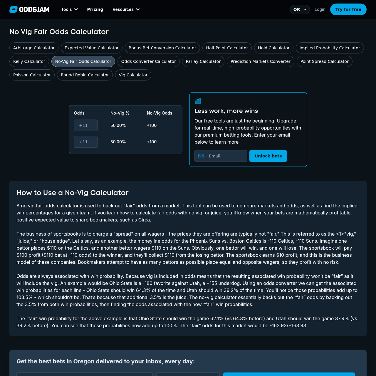 No-vig fair odds calculator page showing the search intent for betting margin tools