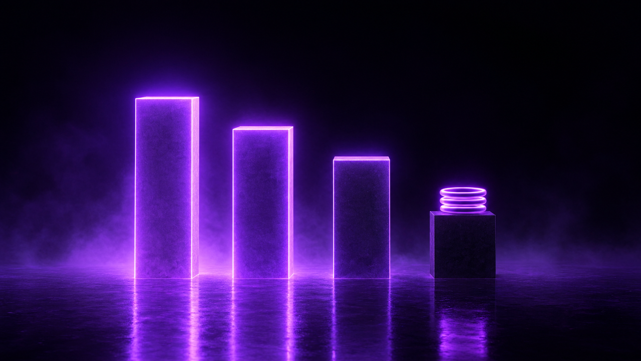 Dark purple neon render of four plinths in a row, descending in height and brightness from left to right; the first three glow brightly and the fourth is short and unlit, with three glowing neon rings stacked flat on top of it