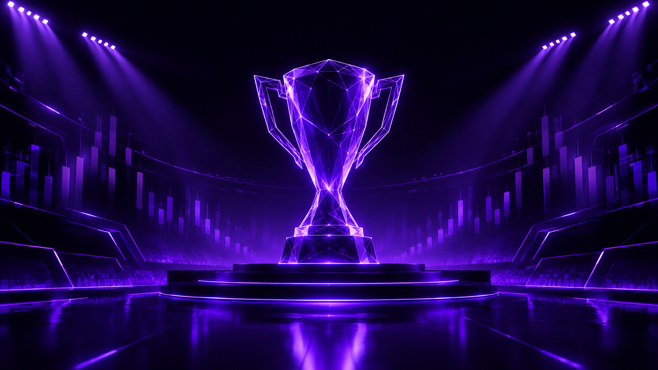 Dark purple esports arena illustration: a wireframe championship trophy lit on a finals stage, with faint market-depth bars receding into the stands