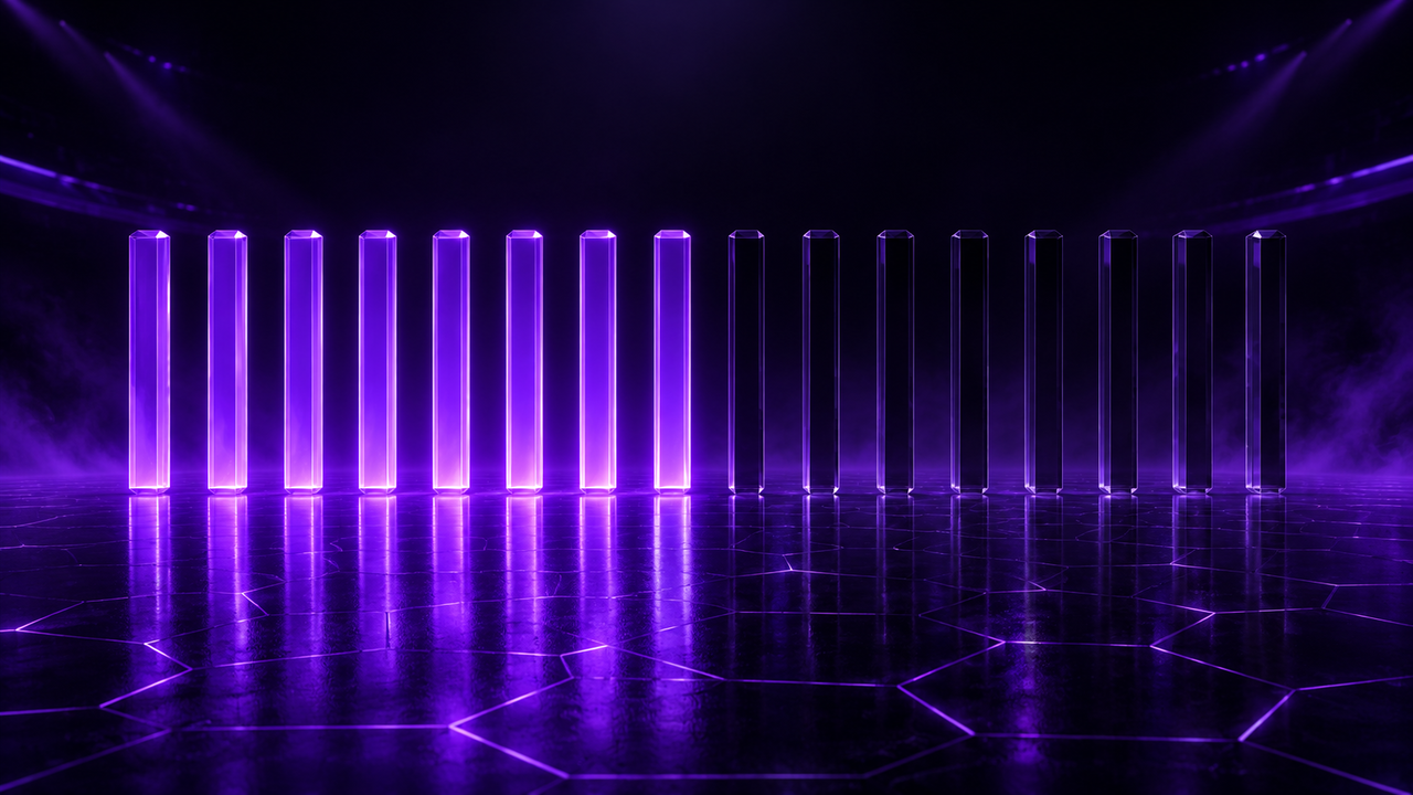 Dark purple esports stage illustration: sixteen glass pillars in a row with eight lit bright and eight dark, the eight quarterfinal slots of a sixteen-team Swiss stage