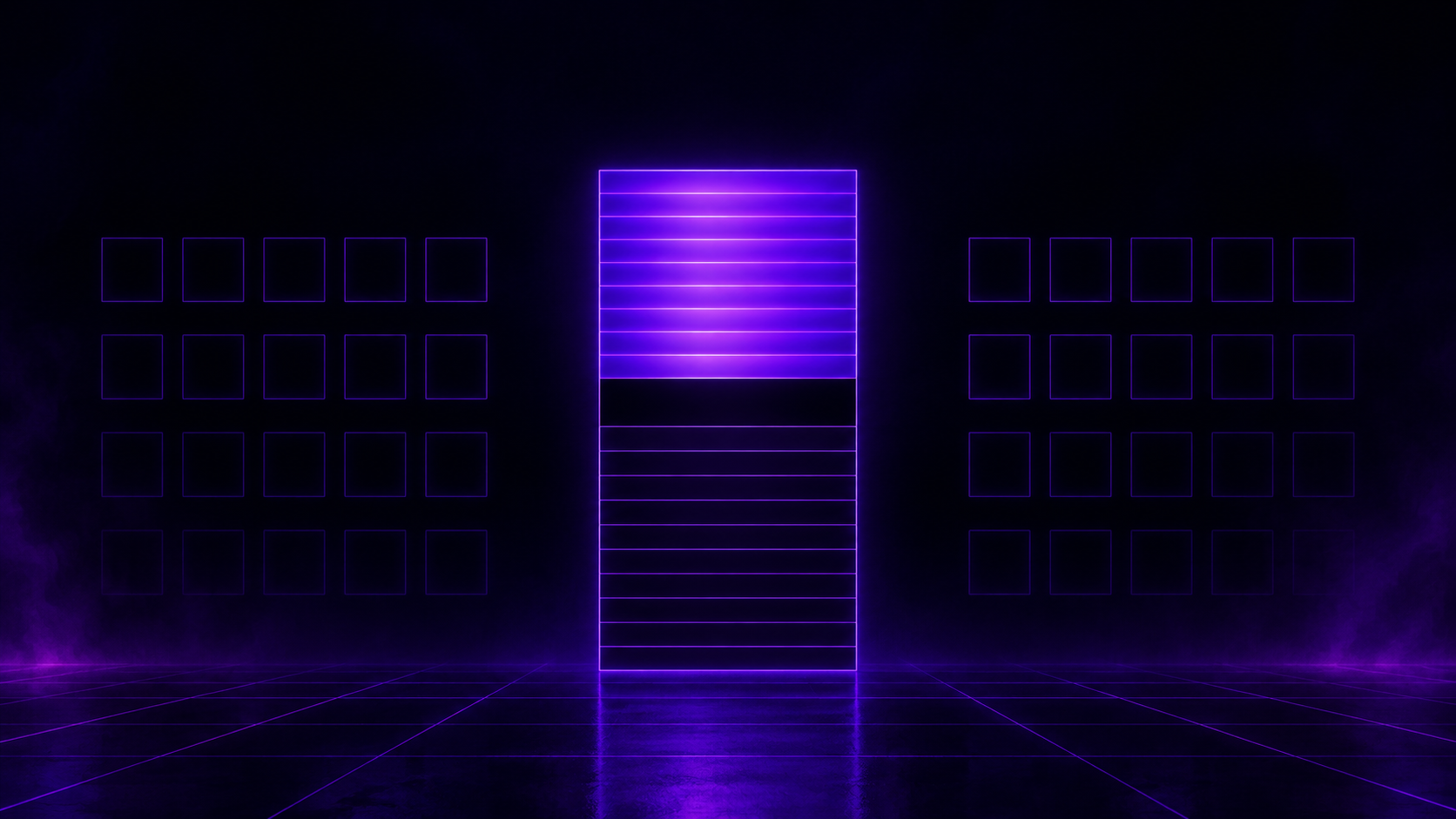 Neon violet order-book panel standing in a dark arena, its upper rows lit and its lower rows empty with a black gap where the bids should be, flanked by rows of blank champion-portrait frames