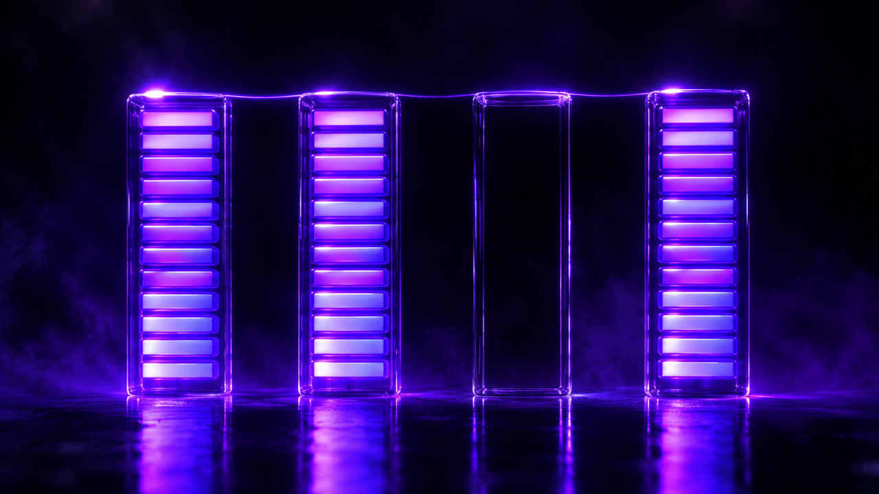 Four tall glass prediction panels on a dark reflective floor under violet light, three packed with glowing stacked bars and the third standing completely empty, with no text or numbers