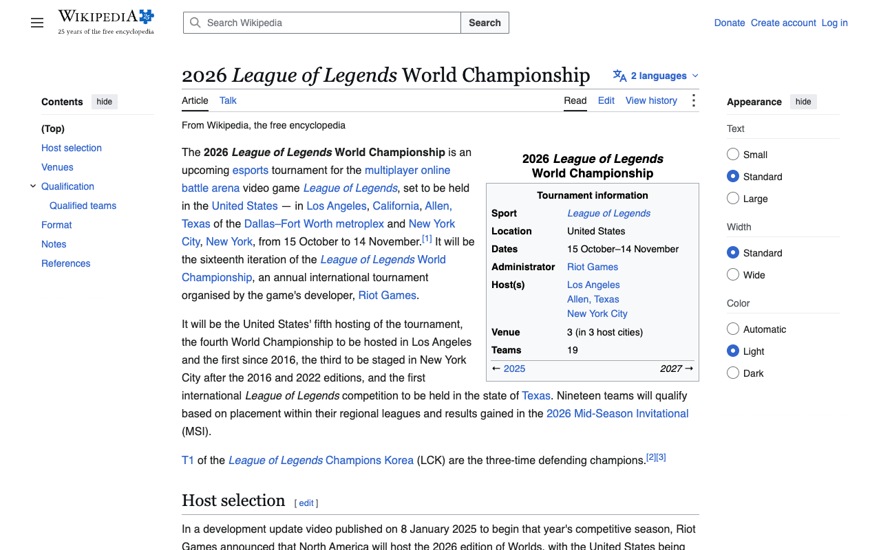 The Wikipedia entry for the 2026 League of Legends World Championship showing the tournament infobox: 15 October to 14 November, hosts Los Angeles, Allen in Texas and New York City, three venues and 19 teams, the source for the stage table above