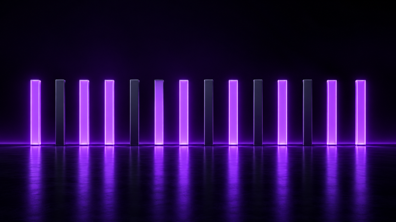 A row of narrow vertical pillars standing on a dark reflective floor, some glowing bright purple from within and the rest unlit in deep grey, representing the Swiss field split between teams that advance and teams that go out